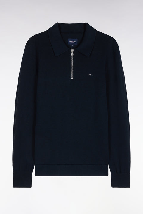 Pull à col polo zippé en coton et viscose marine coupe droite - Image 2