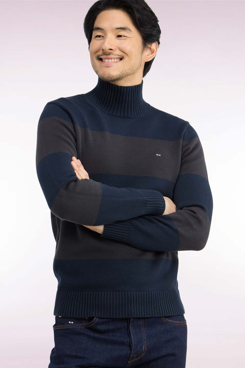 Pull col cheminée en coton rayé marron et marine coupe droite - Image 1