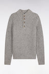 Pull à col montant boutonné en maille épaisse côtelée gris chiné