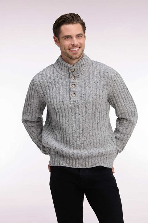 Pull à col montant boutonné en maille épaisse côtelée gris chiné - Image 1