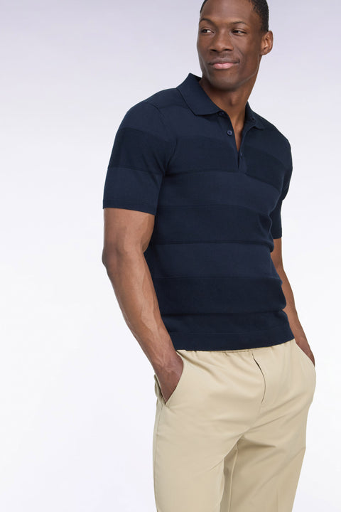 Pull manches courtes golf à col polo en coton et viscose marine coupe droite - Image 1