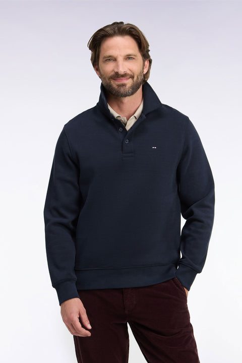 Sweatshirt col polo en coton marine coupe droite - Image 3