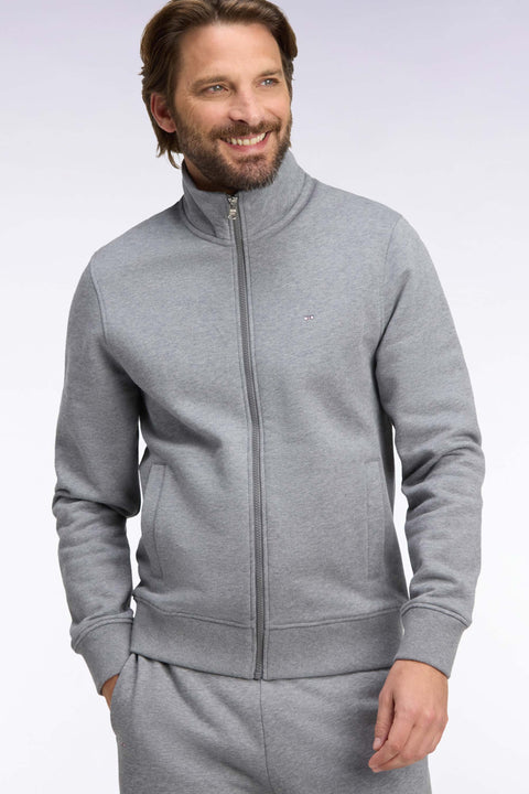 Straight-fit gray cotton trucker neck zipped sweatshirt - Image 1