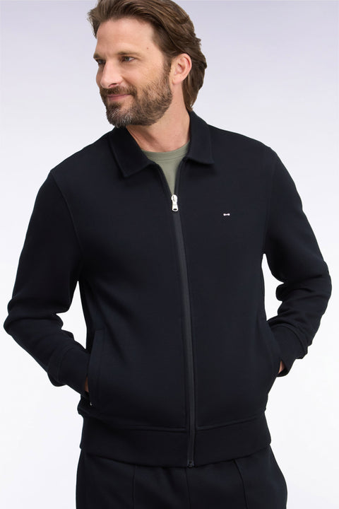 Sweatshirt zippé à col polo en coton noir coupe droite - Image 1