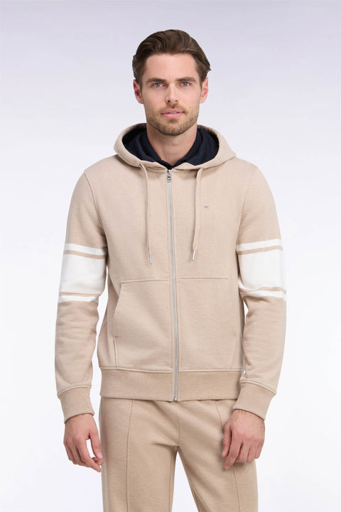 Sweatshirt à capuche zippé en molleton coton beige coupe droite - Image 3