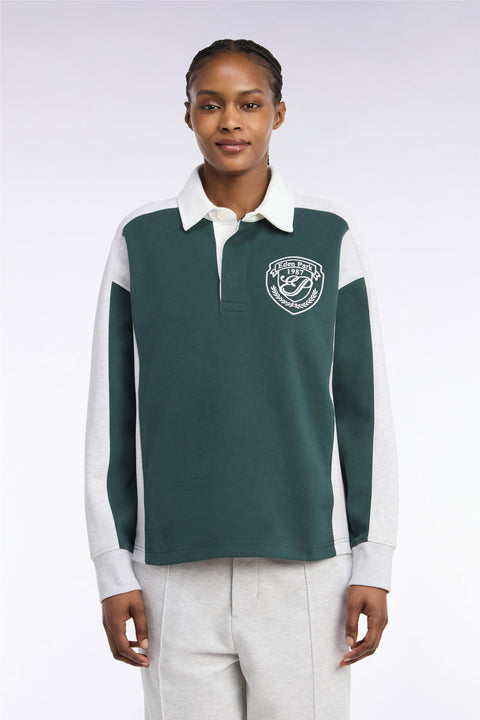 Sweatshirt unisexe à col maillot en interlock vert et découpes contrastées coupe loose - Image 3