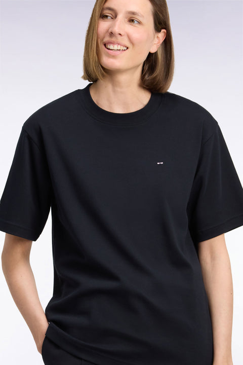 T-shirt col rond unisexe à manches courtes en coton mercerisé noir coupe loose - Image 1