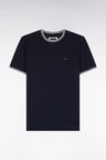 T-shirt manches courtes en coton marine à bords-côtes rayés coupe droite