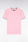T-shirt manches courtes en coton rose à bords-côtes rayés coupe droite