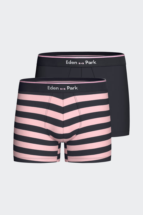 Pack of 2 plain and striped stretch cotton jersey boxers in navy and pink - Image 1