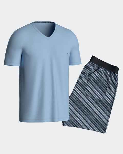 Short pyjamas in blue cotton jersey with micropatterned shorts - Image 3