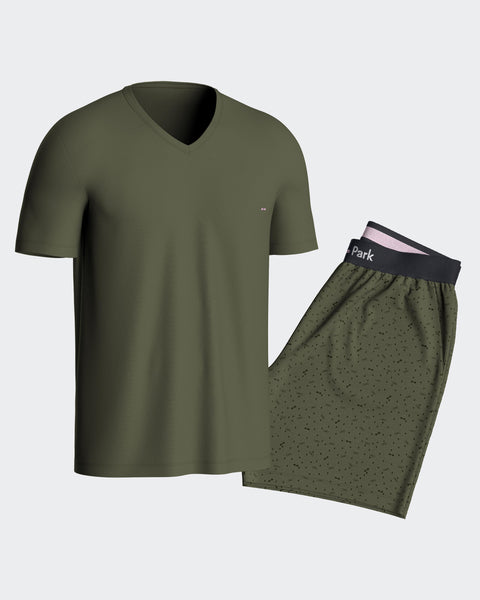 Short pyjamas in khaki cotton jersey shorts with micropatterns - Image 1