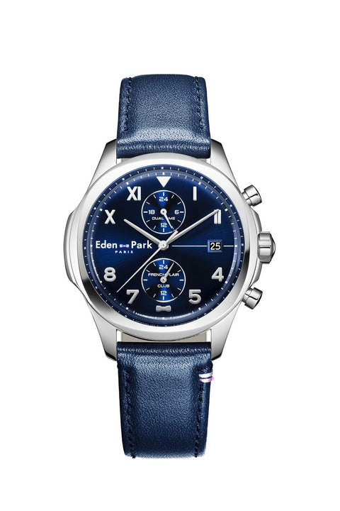 Montre à quartz dual time en cuir bleu foncé - Image 1