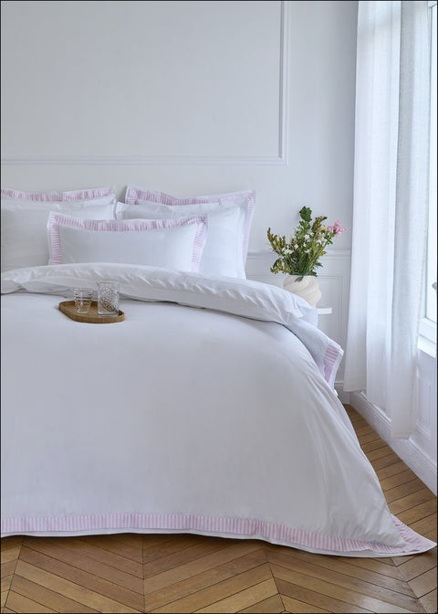 Housse de couette en percale de coton blanche bordures roses rayées - Image 1