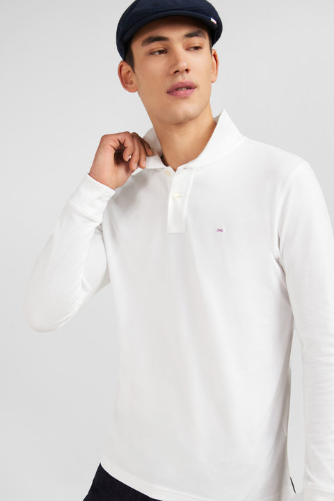 Polo manches longues blanc uni en piqué de coton stretch - Image 3