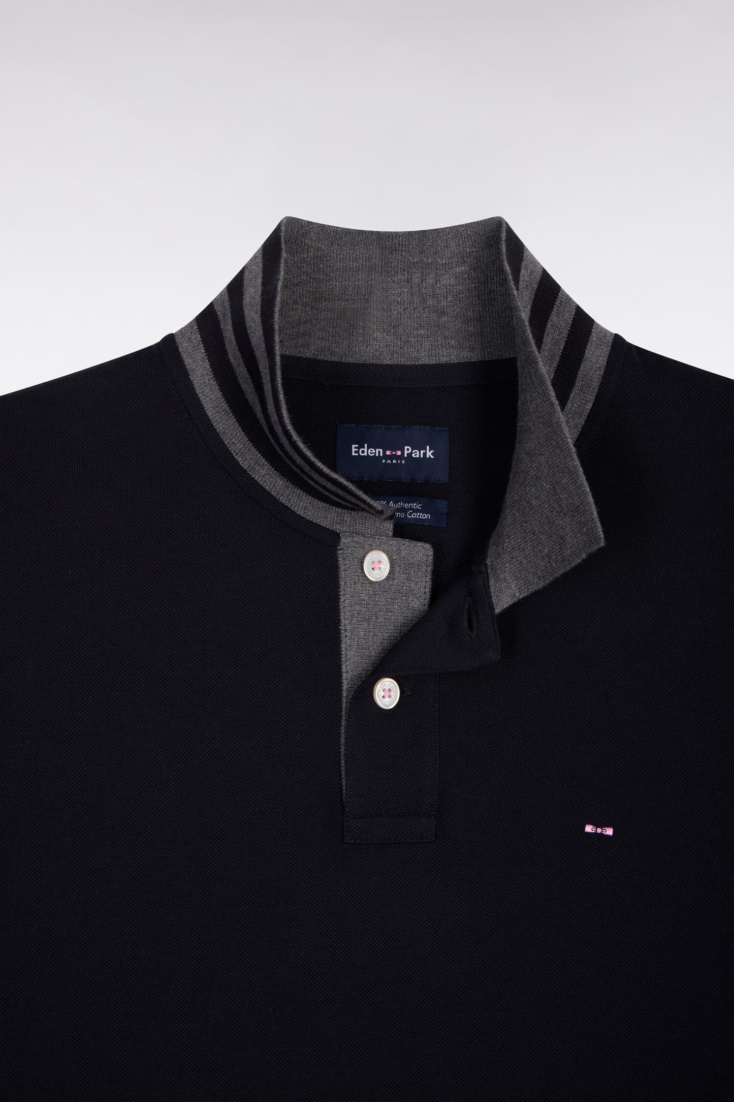 Polo manches longues noir en coton avec col contrasté