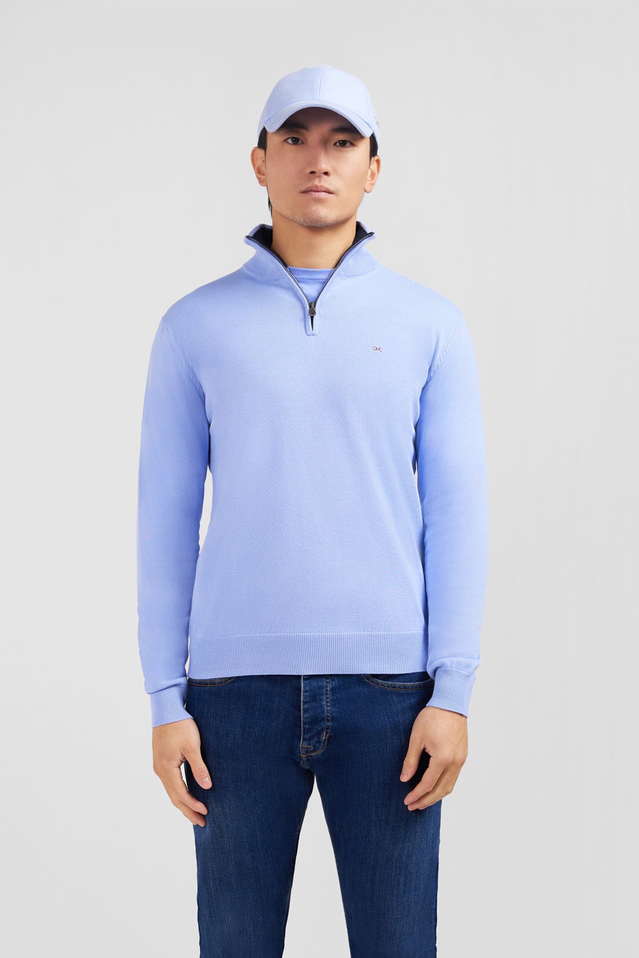 Blue cotton jersey jumper with trucker neck