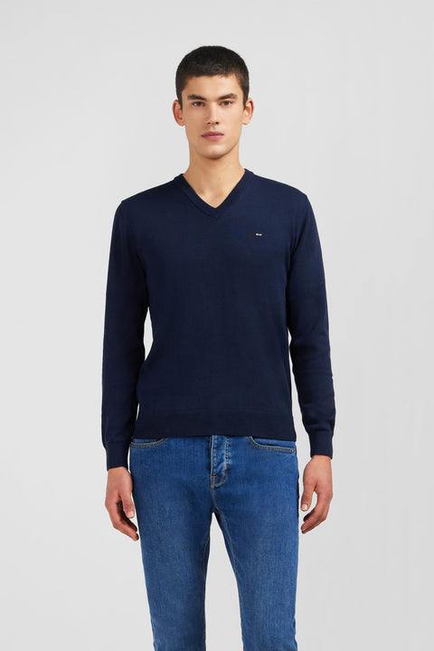 Navy blue cotton V-neck sweater - Image 1