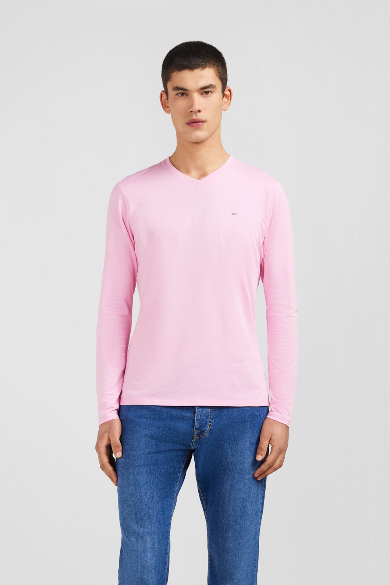 T-shirt rose col V à manches longues