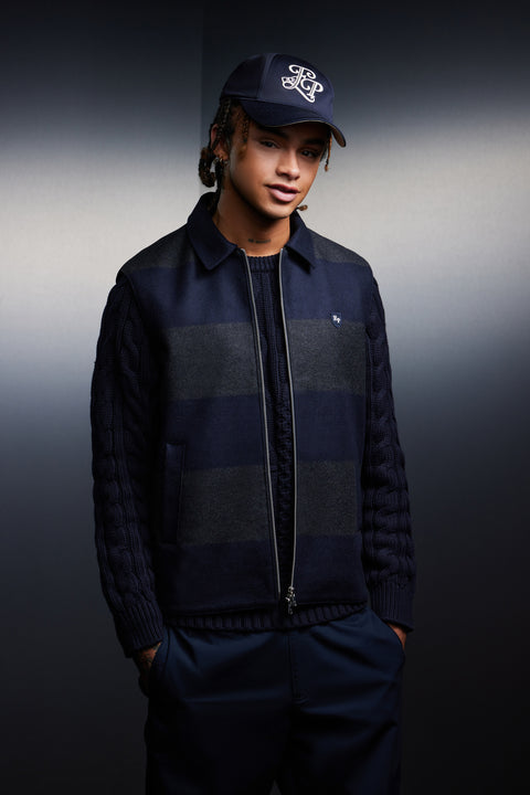 Gilet sans manches à rayures marine et grises et col marine upcyclé Pap'Atelier - Image 1