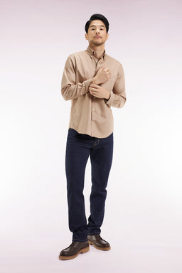 Chemise en coton piqué beige coupe droite