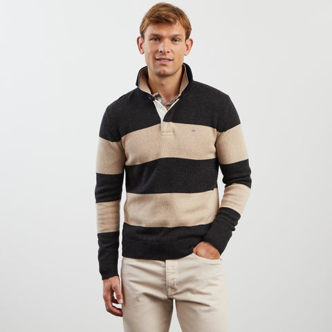 Pull beige rayé à col polo - Image 3