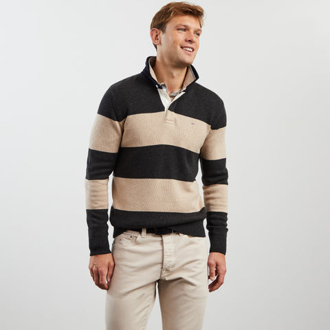 Pull beige rayé à col polo - Image 1