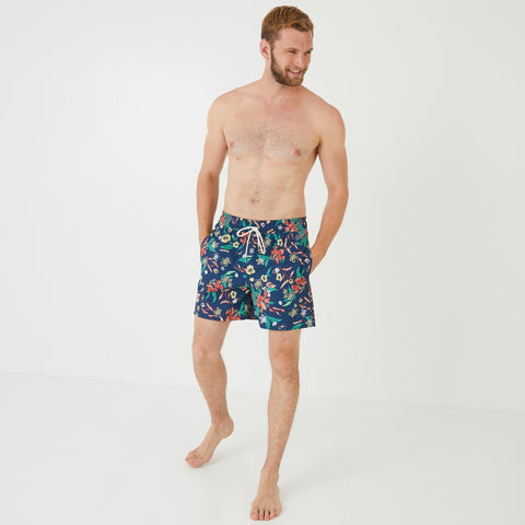 Navy blue swim shorts with floral pattern - Image 1