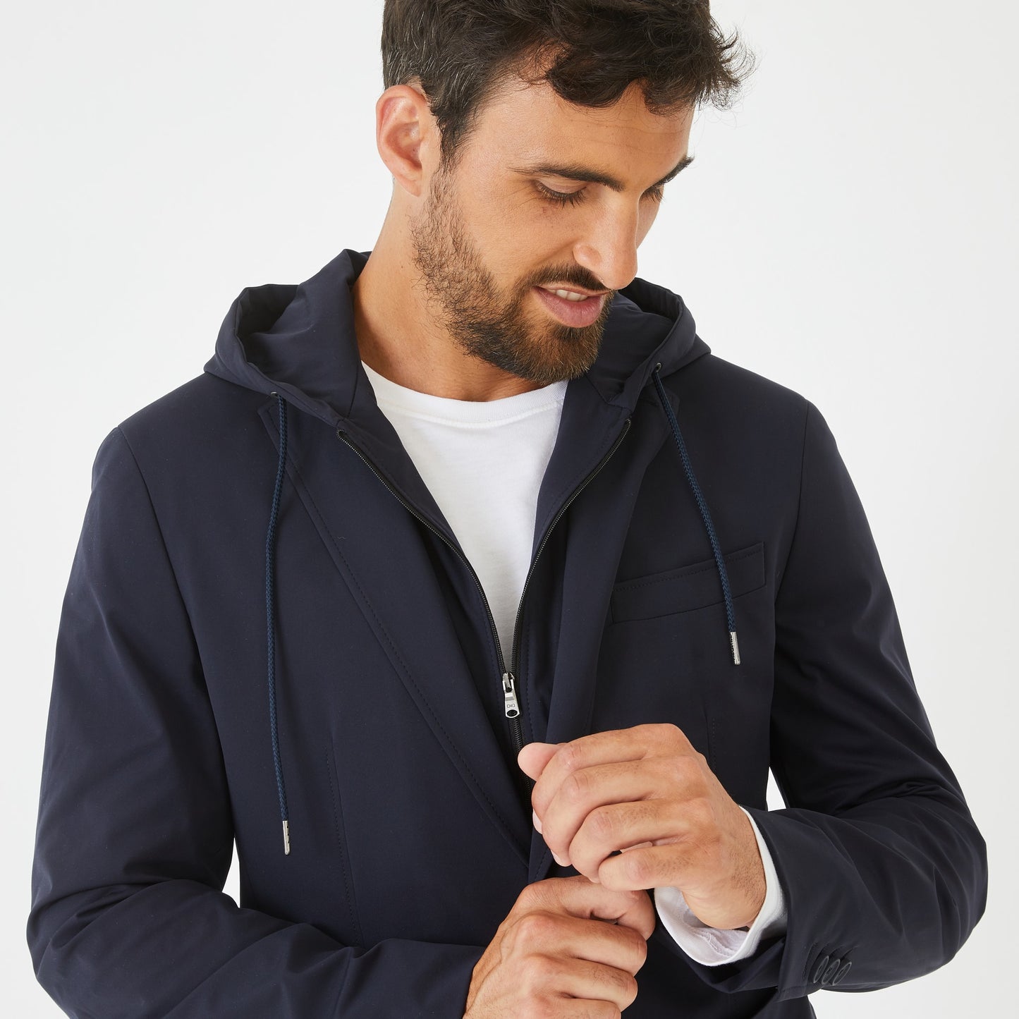 Dark blue blazer with removeable sweatshirt layer.