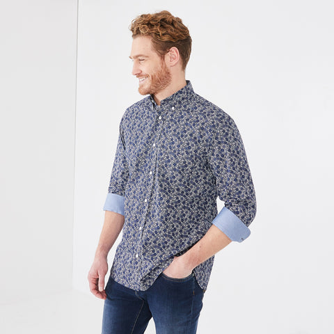 Chemise bleu marine en popeline de coton fleuri - Image 1
