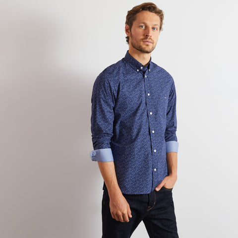 Chemise bleu marine à motif fleuri gris - Image 1