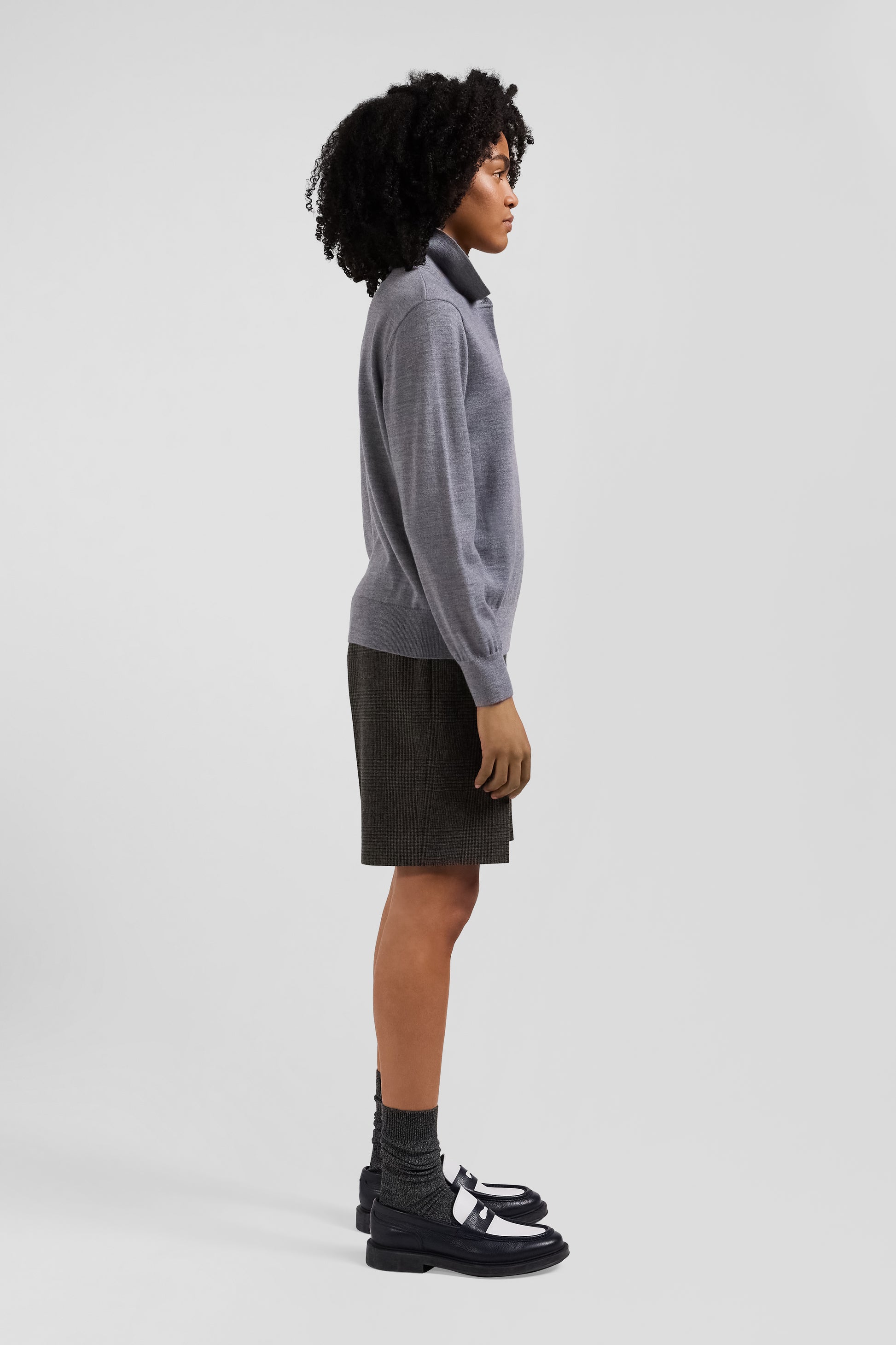 Regular mottled grey women's wool jumper with rugby shirt collar