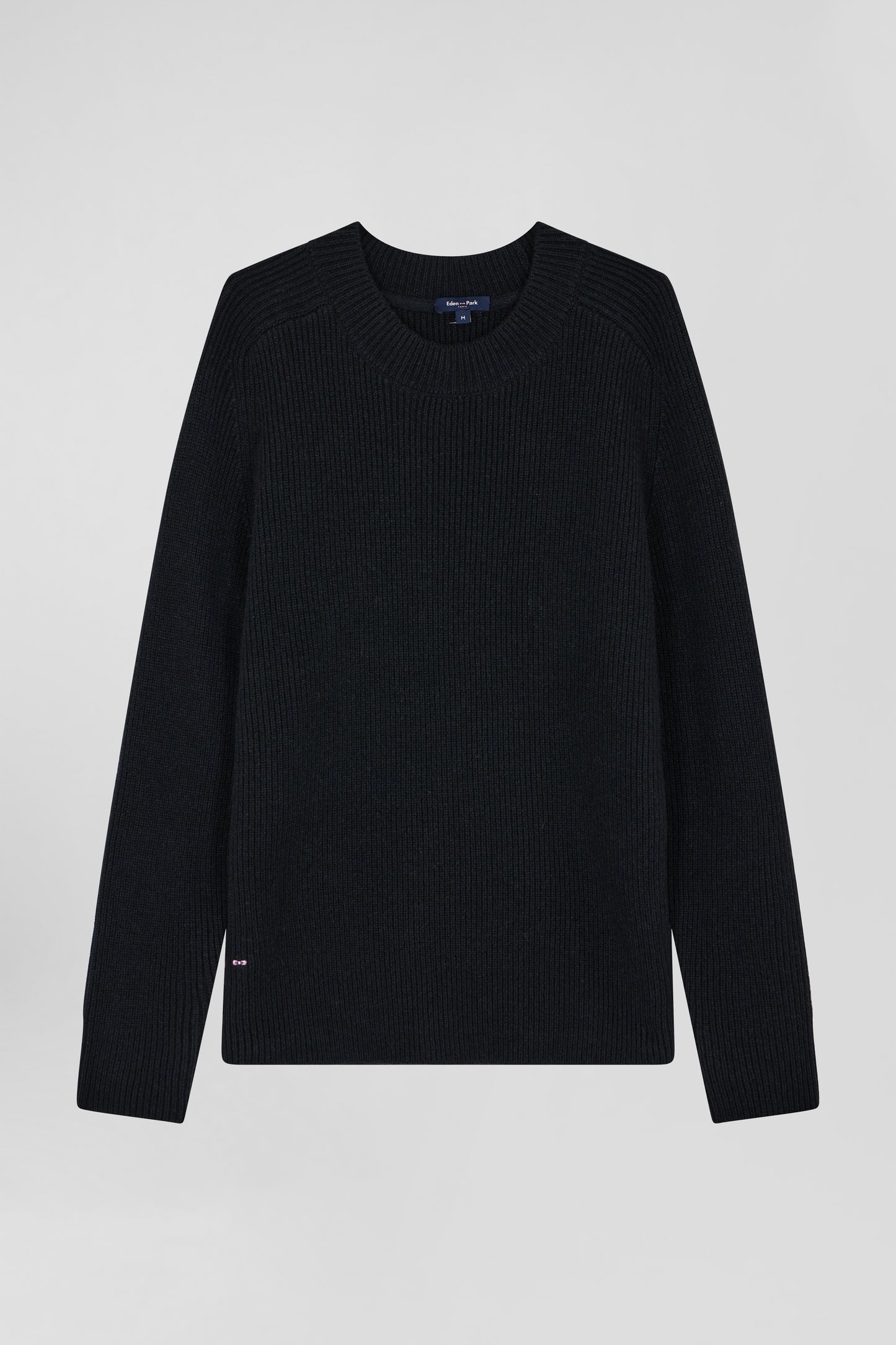 Plain round-neck sweater in black wool and cashmere, regular fit