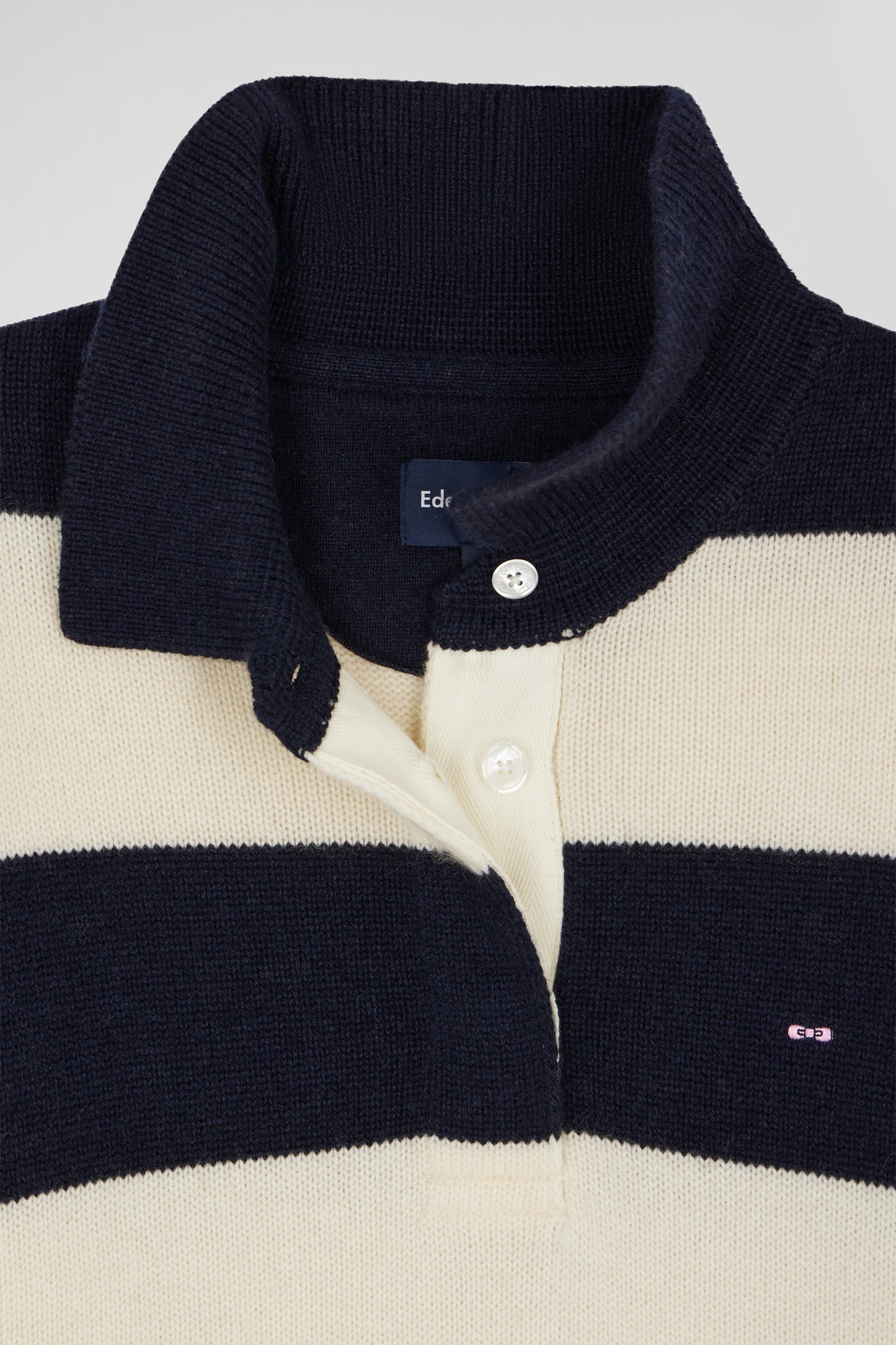 Navy blue and ecru striped wool and cashmere polo-neck sweater
