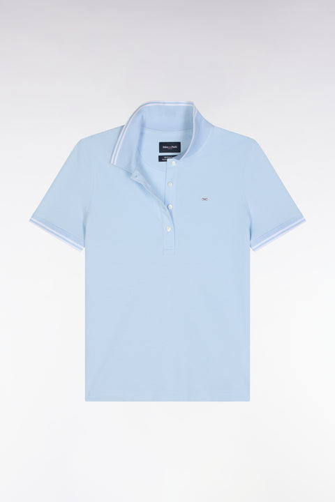 Short-sleeved polo shirt in sky blue Pima cotton piqué with striped accents - Image 2