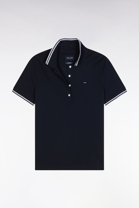 Short-sleeved polo shirt in navy Pima cotton piqué with striped accents - Image 2