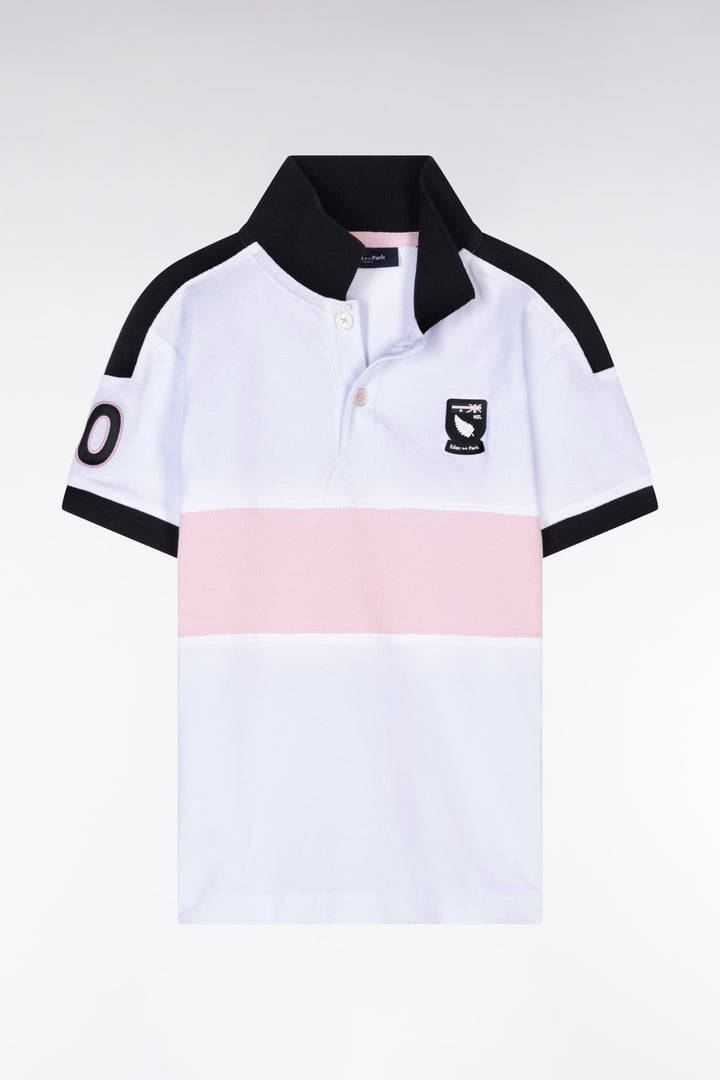 Polo New Zealand en piqué de coton blanc et rose coupe droite