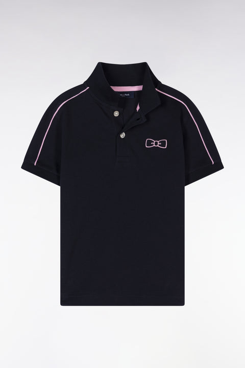 Polo à manches courtes en piqué coton marine à passepoil rose coupe droite - Image 1