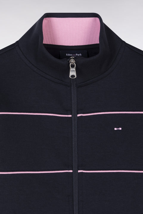 Sweatshirt en coton stretch zippé marine passepoils roses coupe droite - Image 2