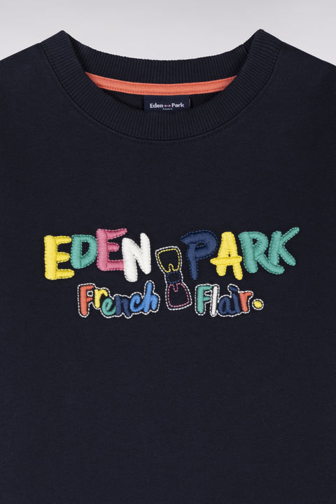 Sweatshirt en coton marine broderie multicolore coupe droite - Image 2