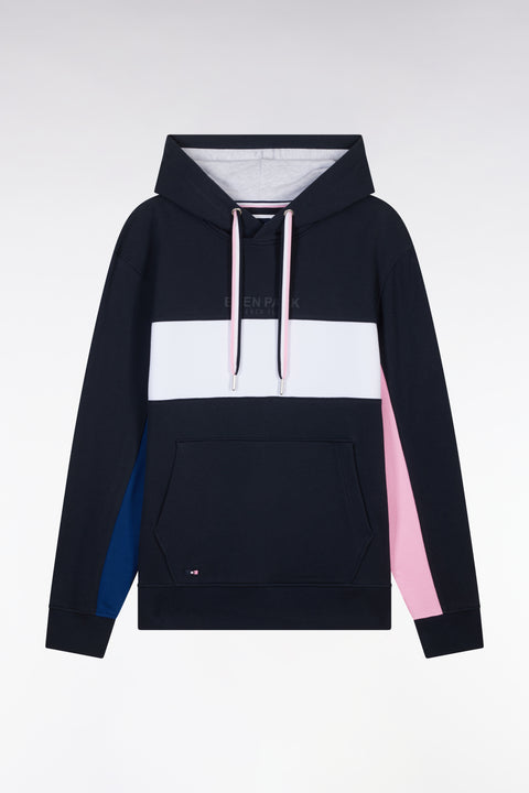 Sweatshirt à capuche colorblock en molleton coton marine coupe décontractée - Image 1