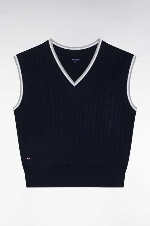Relaxed-fit navy blue cable cotton sleeveless jumper - Image 2