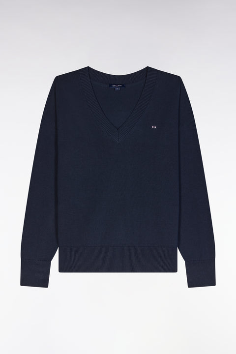 Relaxed-fit navy cotton V-neck jumper - Image 2