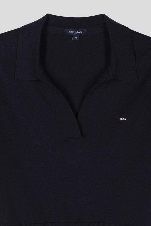 Straight-fit short-sleeved polo collar navy jumper in organic cotton and cashmere blend - Image 2