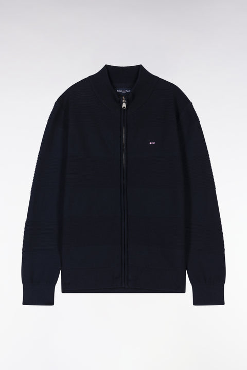 Cardigan zippé à col montant en coton marine cerclé coupe droite - Image 1