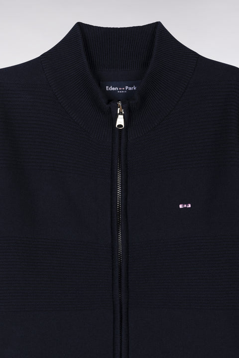 Cardigan zippé à col montant en coton marine cerclé coupe droite - Image 2