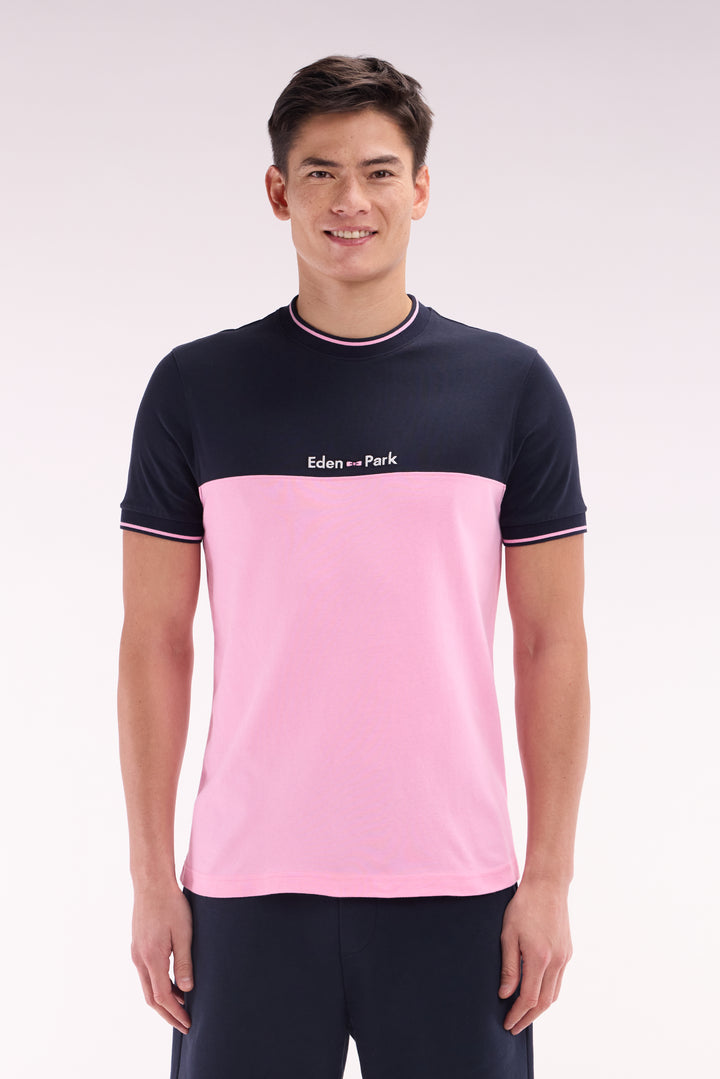 T-shirt brodé en coton bicolore rose coupe droite