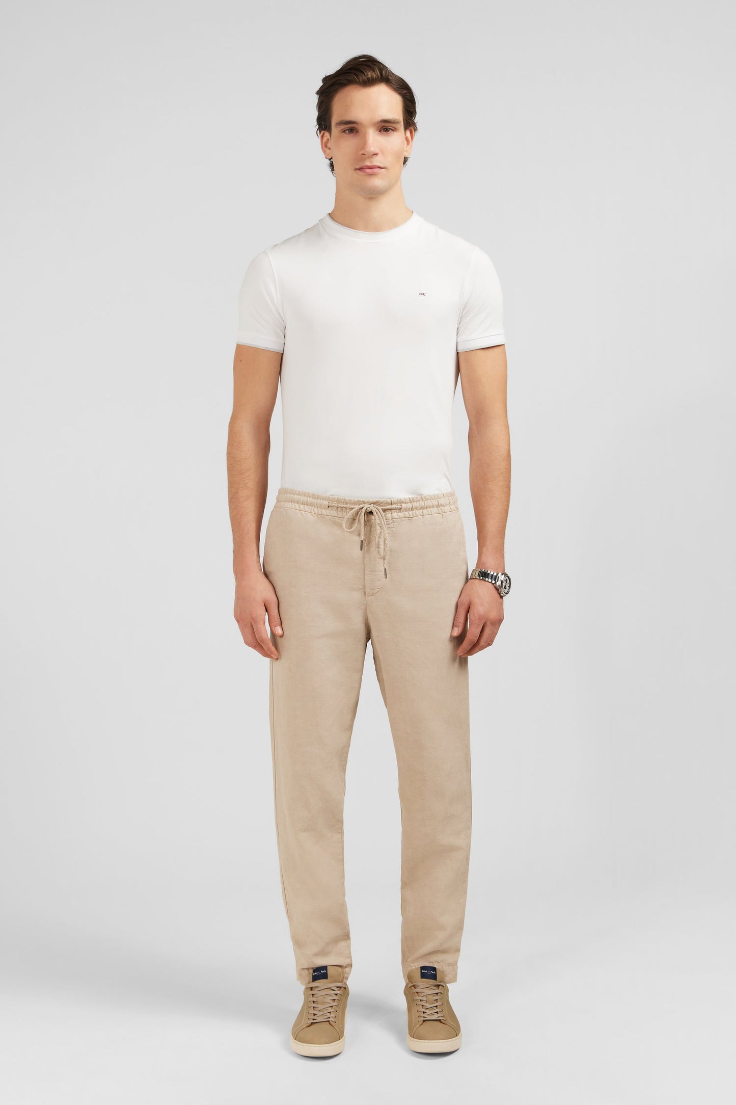 Pantalon à taille élastiquée en lyocell mélangé beige - Image 1