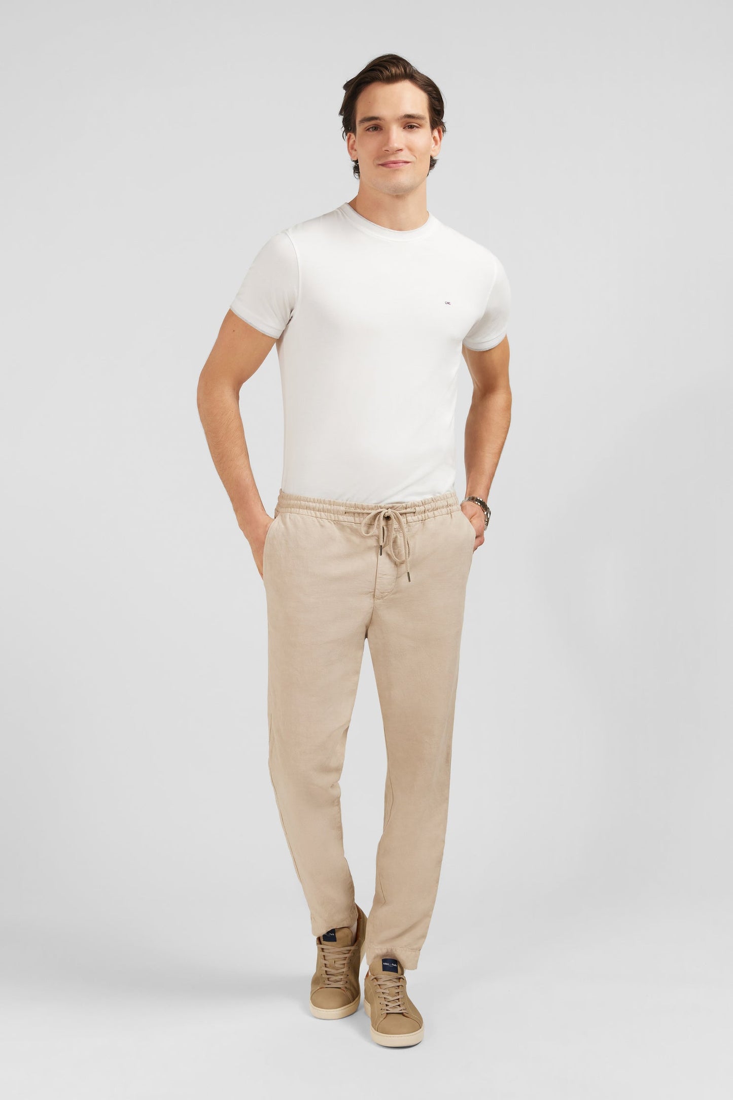 Pantalon à taille élastiquée en lyocell mélangé beige - Image 3