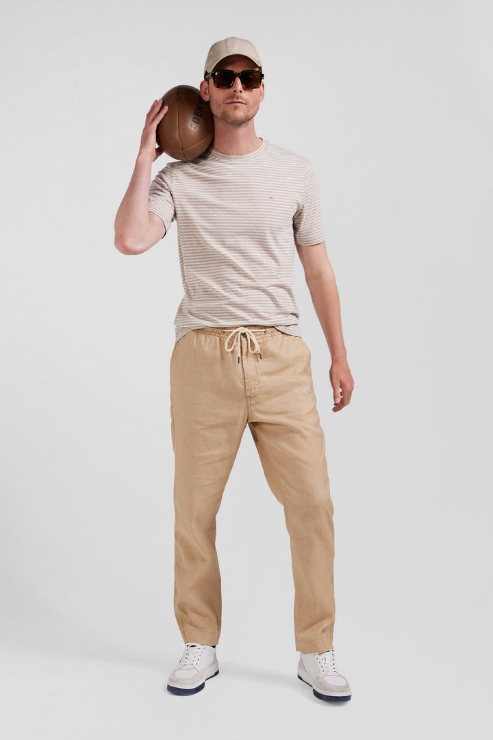 Beige blended linen elastic waistband pants in Slim fit cut